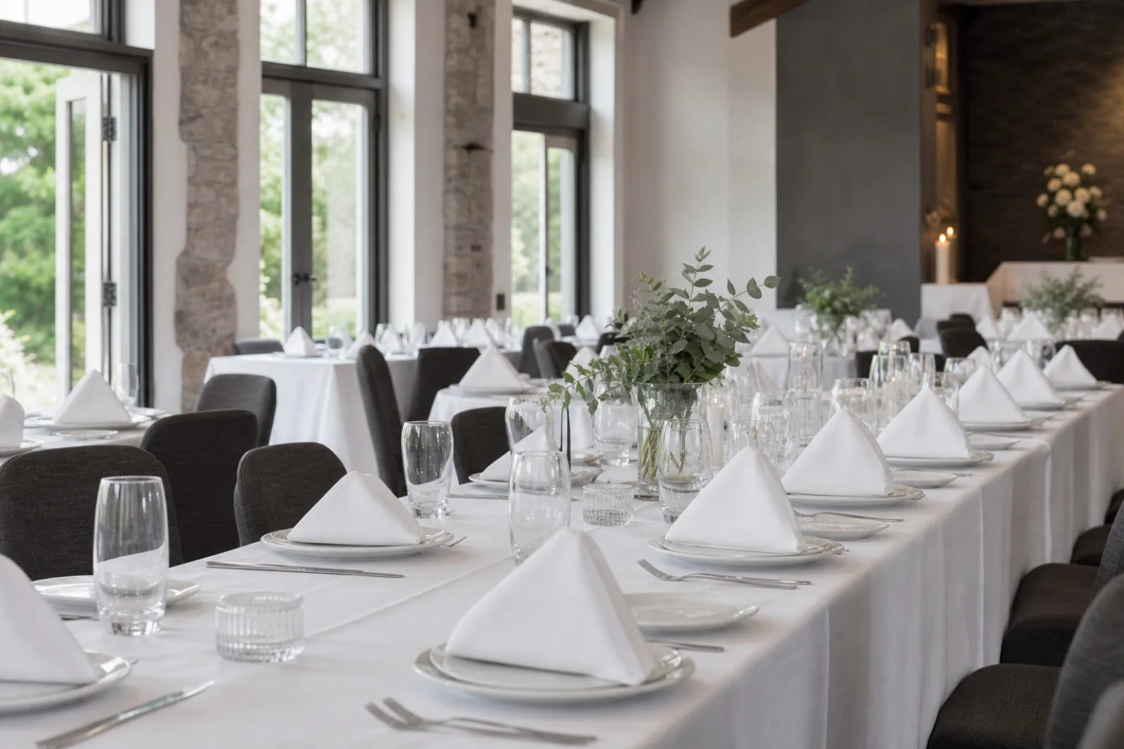 Wedding venue tables dressed with clean white tablecloths and napkins